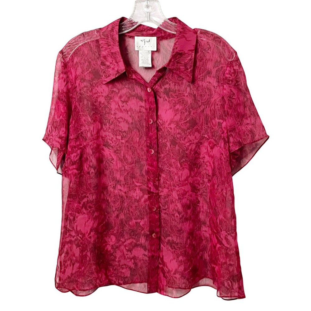 Vintage Vision Fuchsia Pink Silk Blouse Button Up Short Sleeve Women’s Size 1X